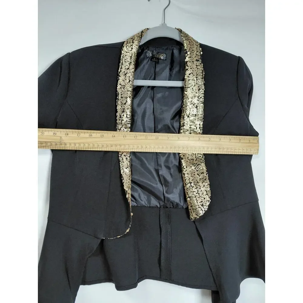 Mandee Black Gold Sequin Shawl Collar Peplum Open Front Jacket Women Size L